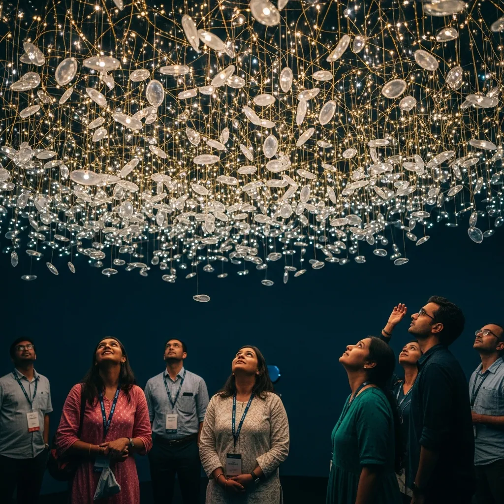 Visitors looking up at a rice installation